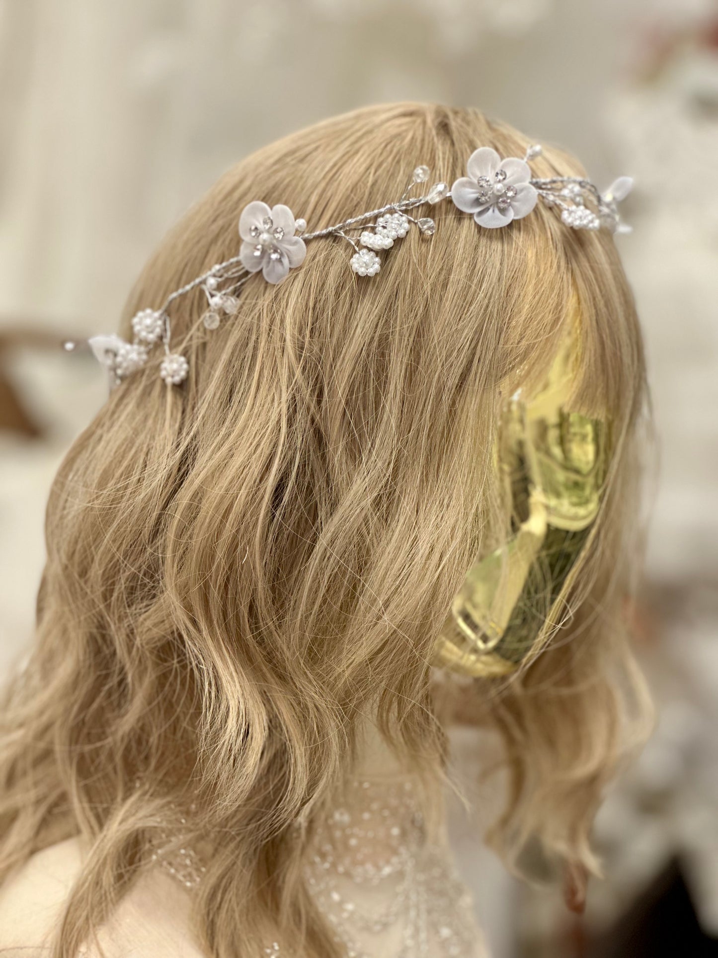Floral headpiece with rhinestones and pearl accents