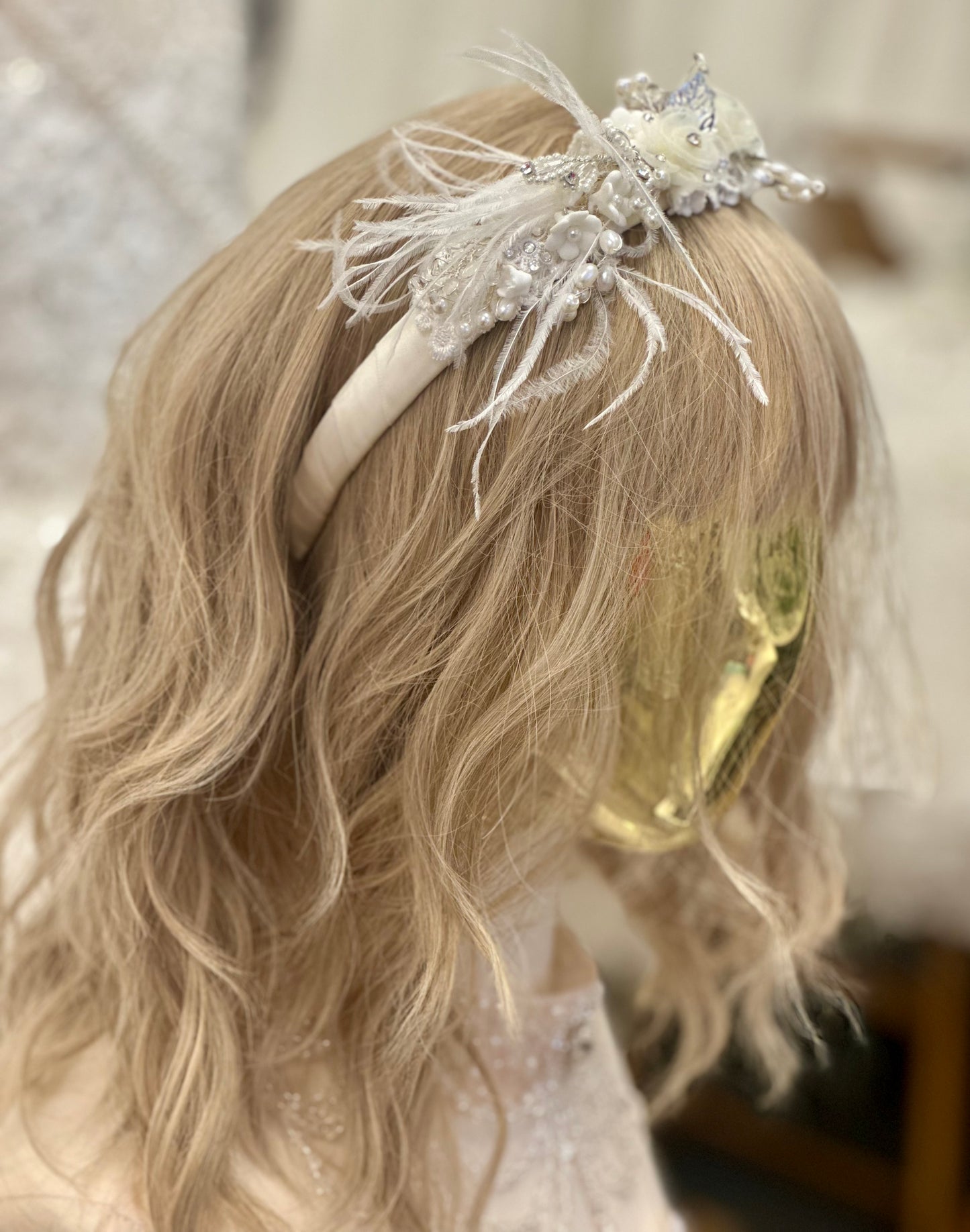 Ivory Headband w/Flowers/Feathers/Applique