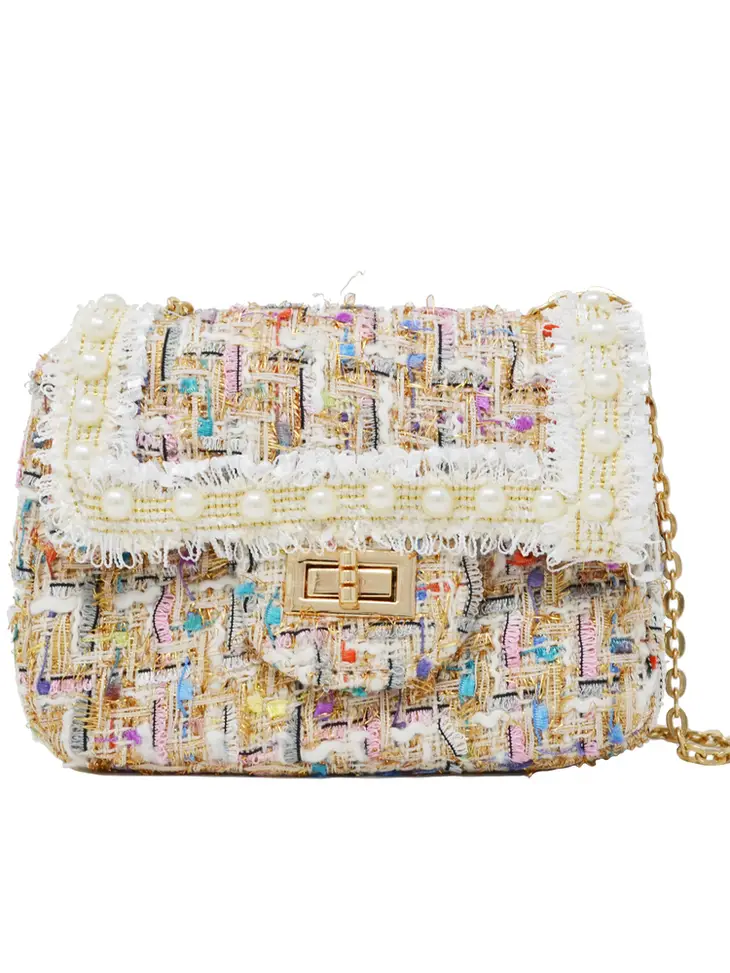 Tweed Purse with Pearls White