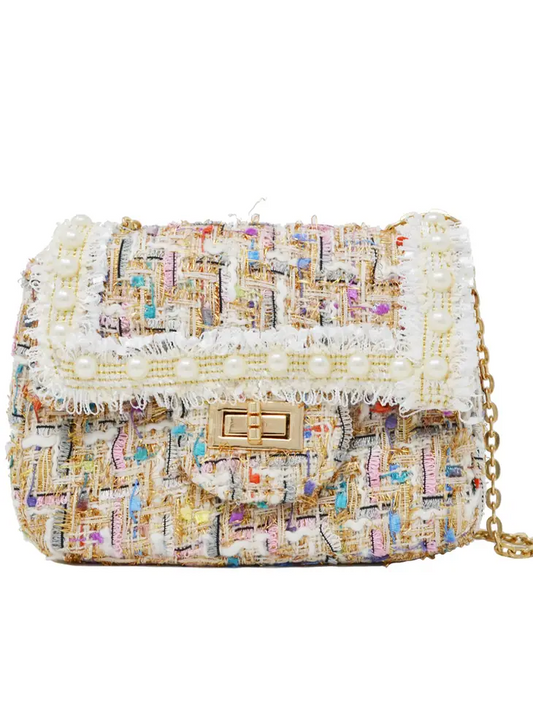 Tweed Purse with Pearls White