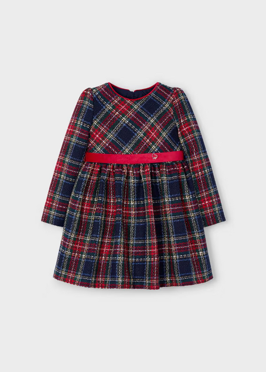 Mayoral Velvet Ribbon Plaid Dress