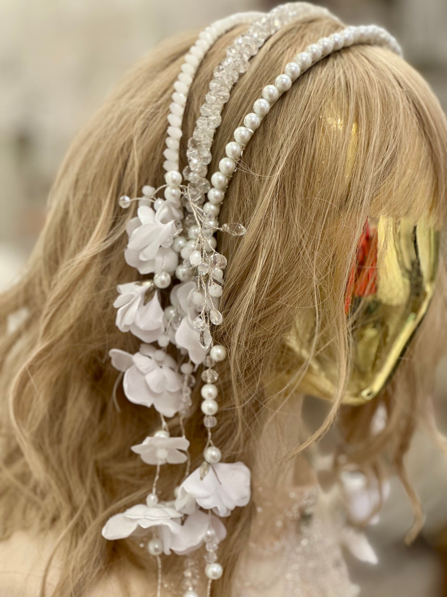 AB Beaded Hairband w/Falling Flowers, Pearls
