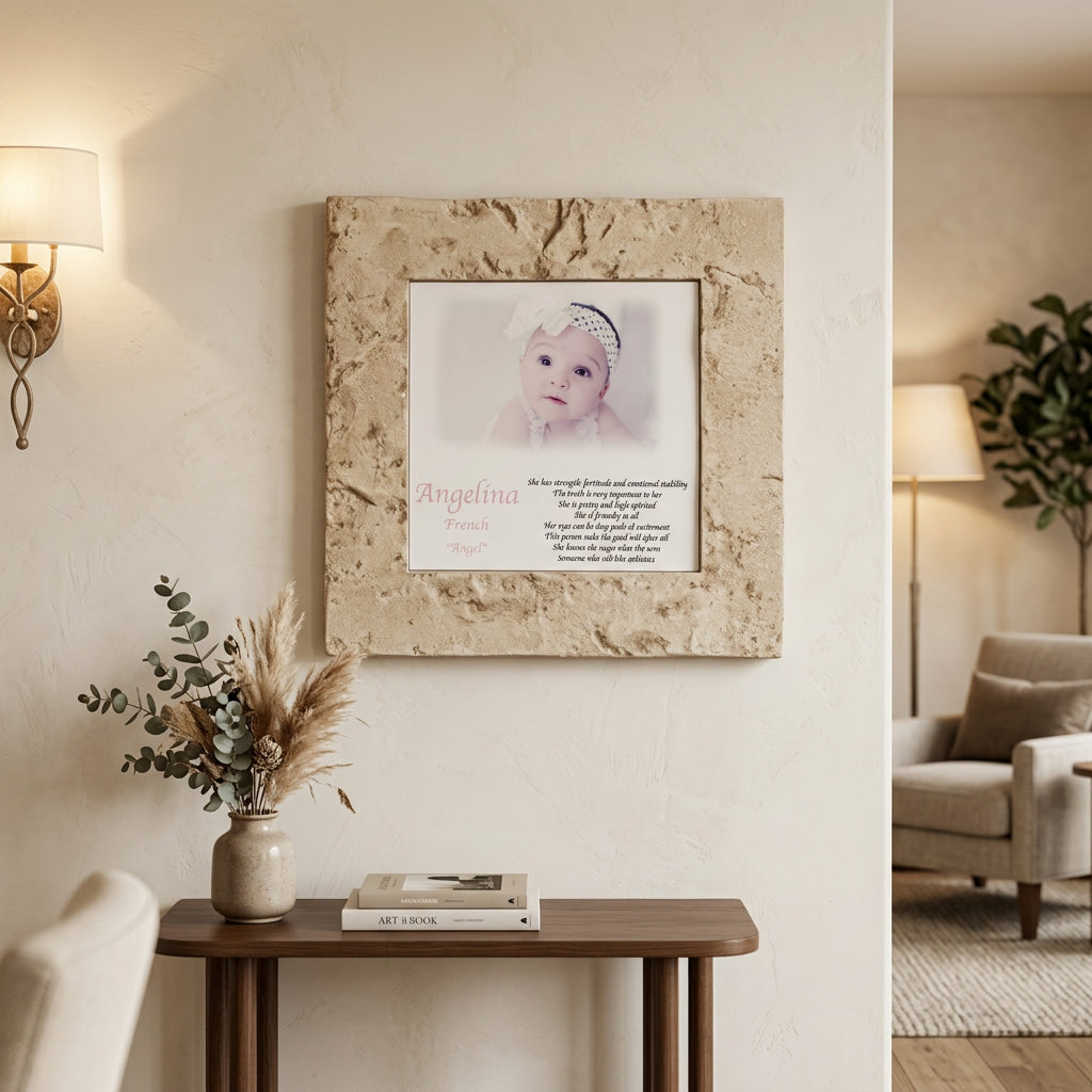 A square stone-look picture frame with a textured beige border, featuring a central printed photo of a baby and a printed memorial poem titled 'Angelina French' on a rustic wood background.