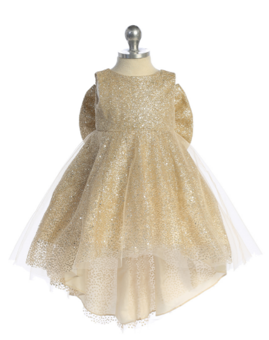 Infant Glitter Ball Gown with Train and Large Bow Accent