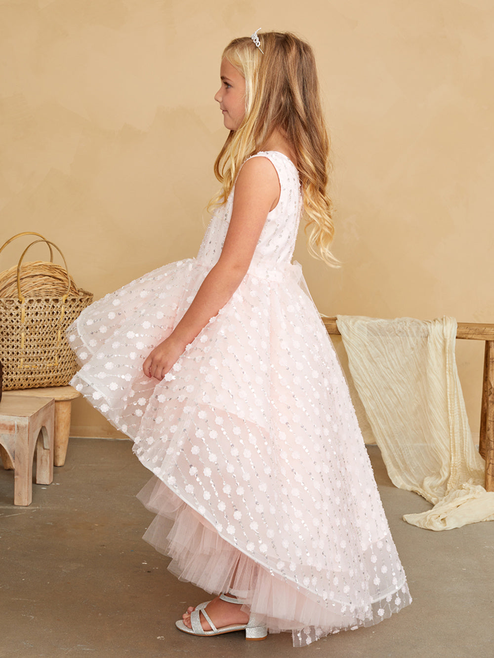 Girls Vertical Beaded Hi Low Dress w/Flowers