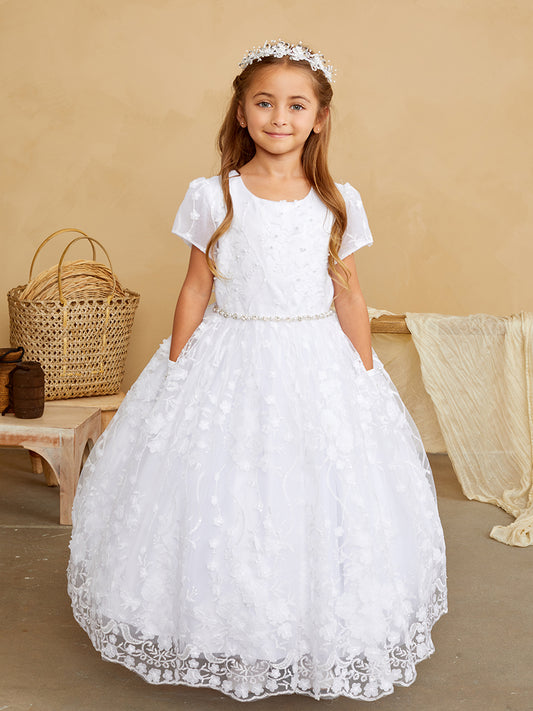 Girls Short sleeve 3D floral overlay dress with a rhinestone sash