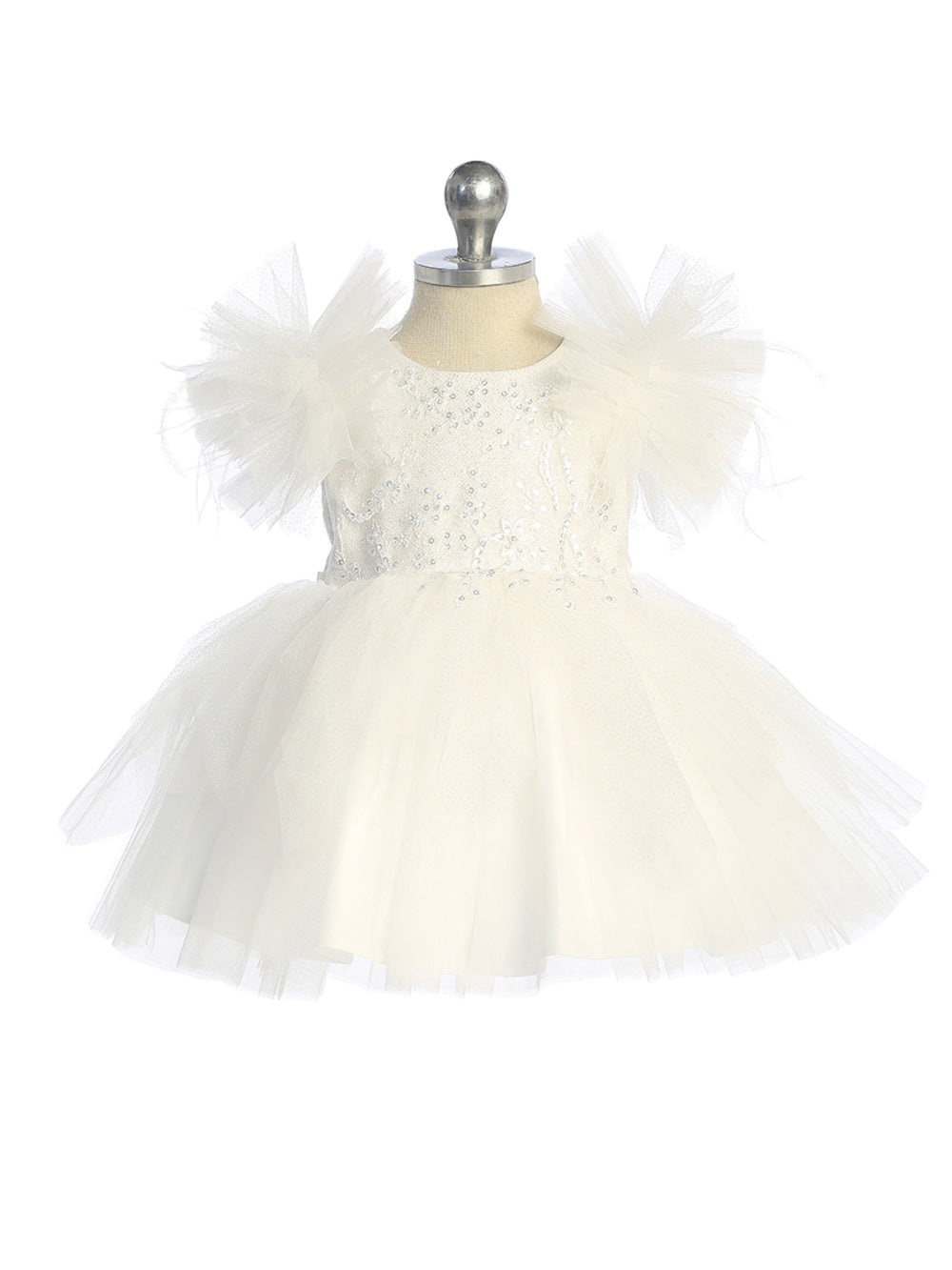 Girls glitter bodice with lace applique and fluffy sleeves with feathers