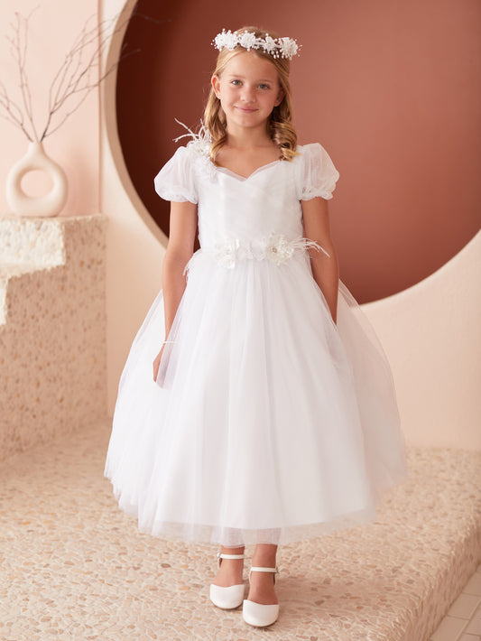 Girls Puff sleeve with 3d flower and feathers Gown