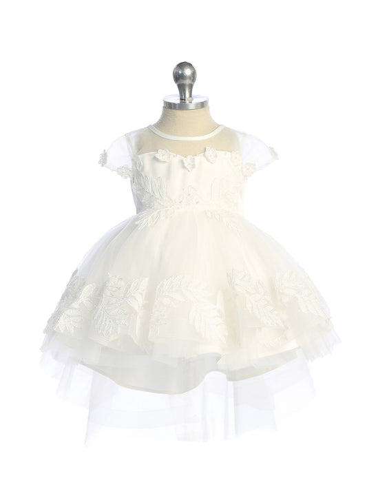 Baby Girls Illusion Neckline Cap Sleeve Dress with Lace Applique