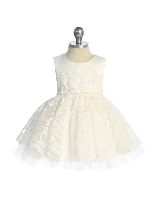 Infant Girls All Lace Dress with a Braided Pearl Waist Sash Dress