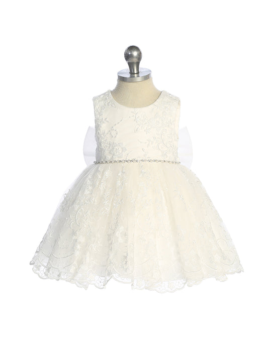Infant Girl Full Lace Bodice and Skirt Rhinestone and Pearl Waist Accent Dress