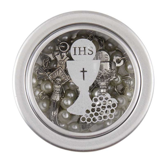 White First Communion Rosary with Case