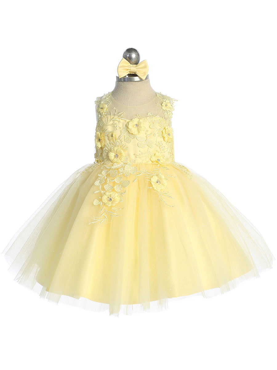 Infant Beautiful Illusion Neckline Bodice with 3D Floral Applique and a Glitter Tulle Skirt
