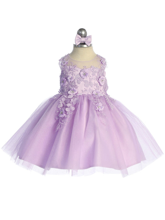 Infant Beautiful Illusion Neckline Bodice with 3D Floral Applique and a Glitter Tulle Skirt