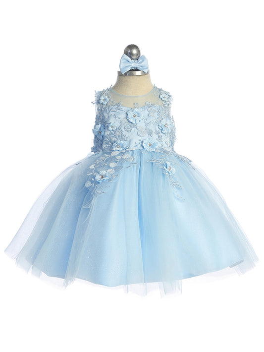 Beautiful Illusion Neckline Bodice with 3D Floral Applique and a Glitter Tulle Skirt