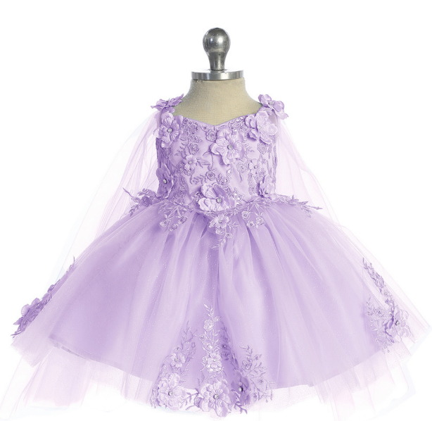 Infant Gorgeous 3D Floral Bodice with Glitter Tulle Skirt and Detachable Cape