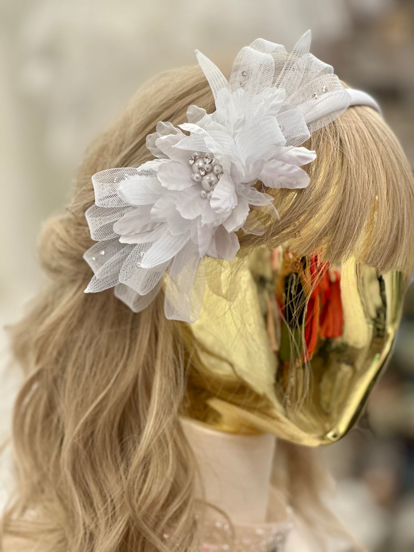 Satin flower with pearls & rhinestones Headband