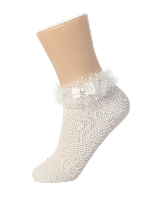 Girl’s Ruffle Socks with a Satin Bow and a Rhinestone Center