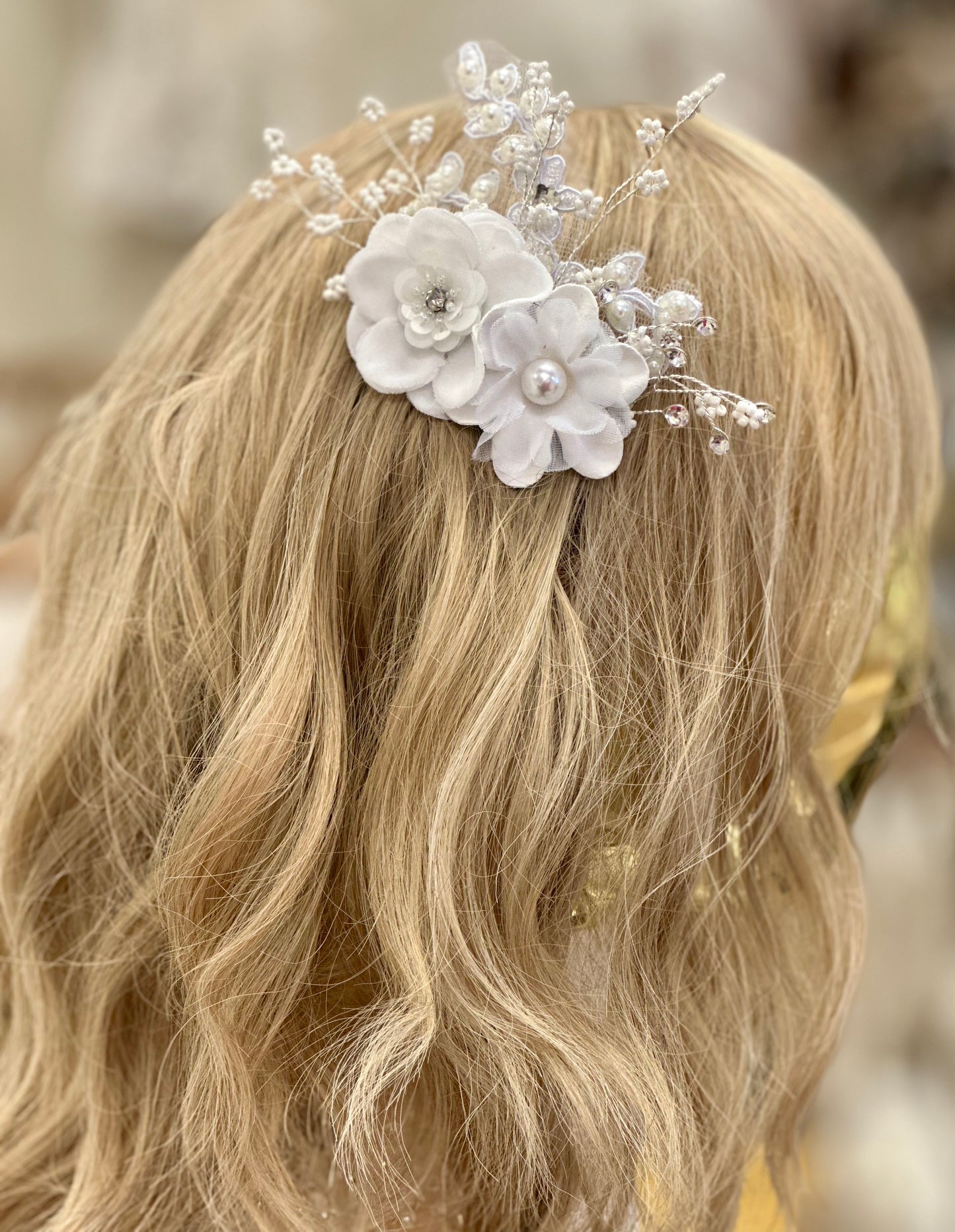 Girls Floral Comb w/Rhinestones, Beads
