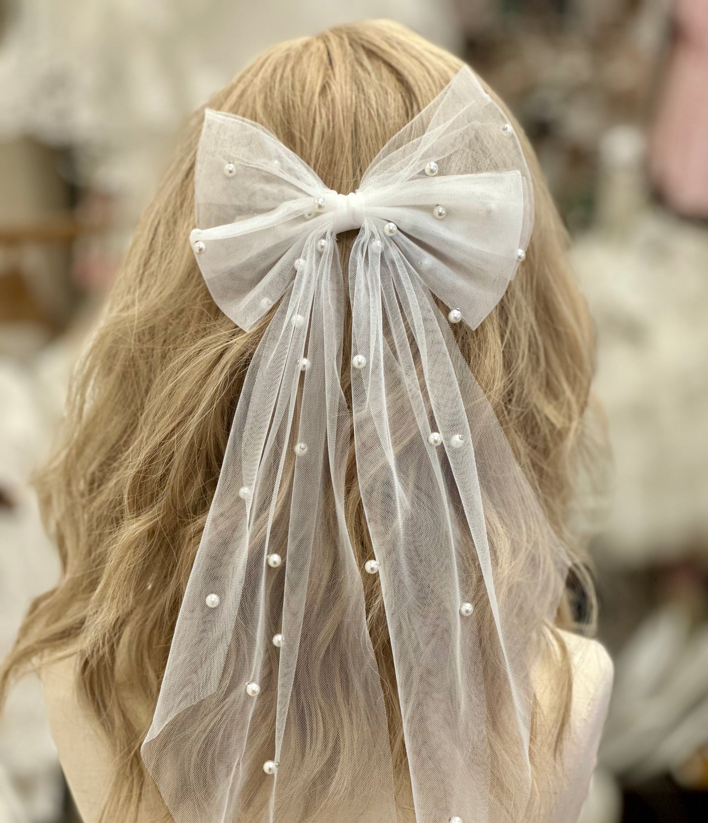 Sheer Hair Bow w/Pearls Clip