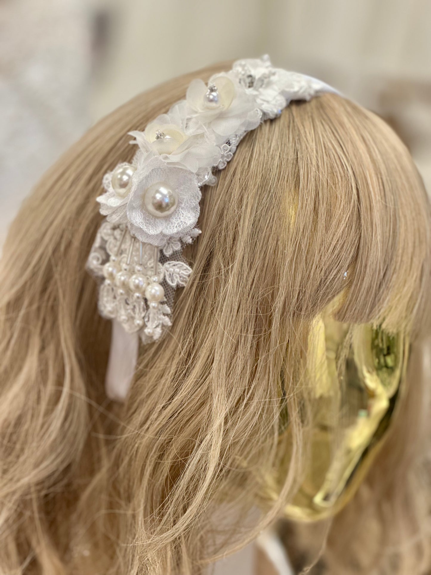 Satin Headband w/Lace & Flowers