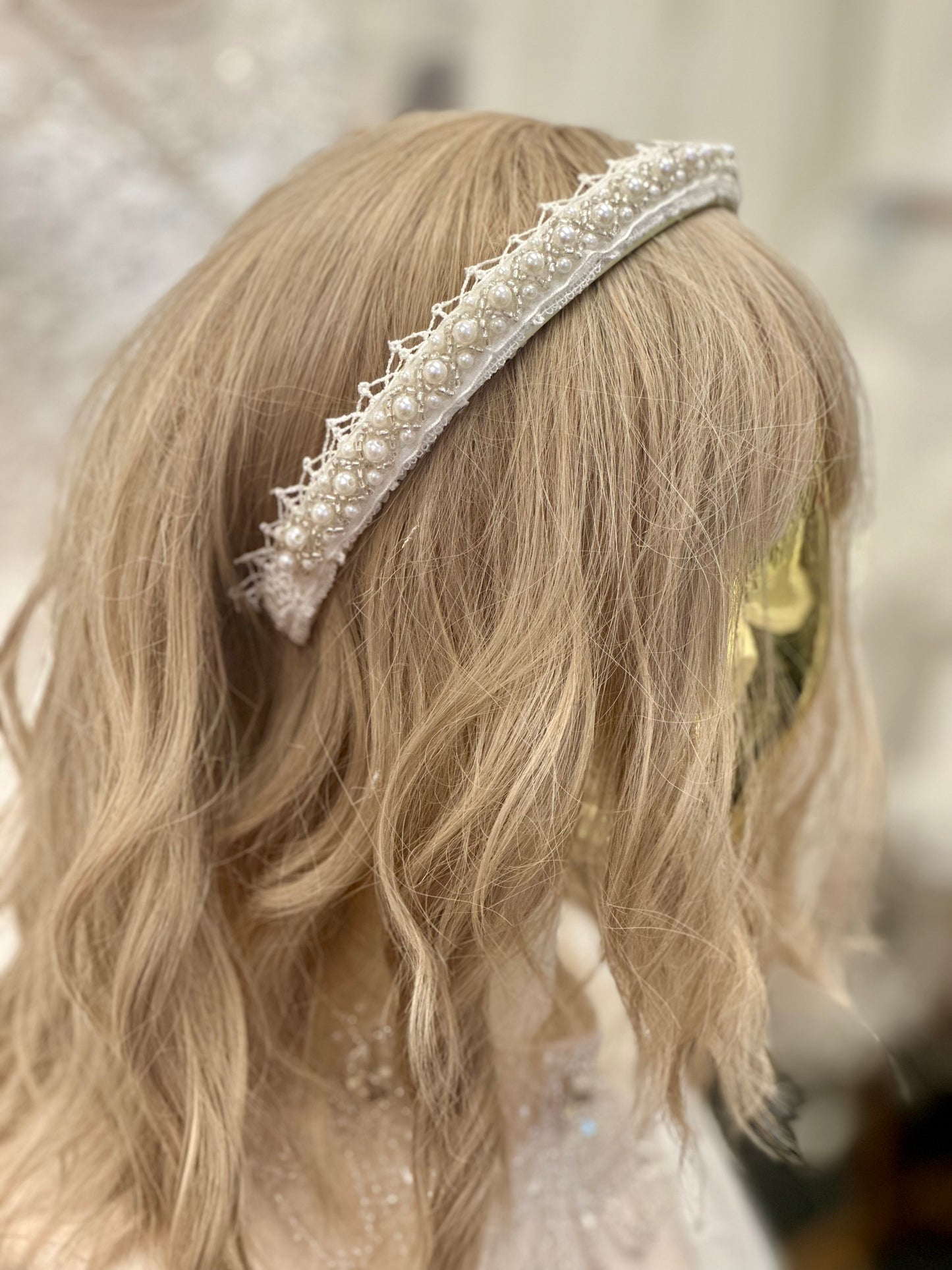 Ivory Headband w/Lace/Pearls