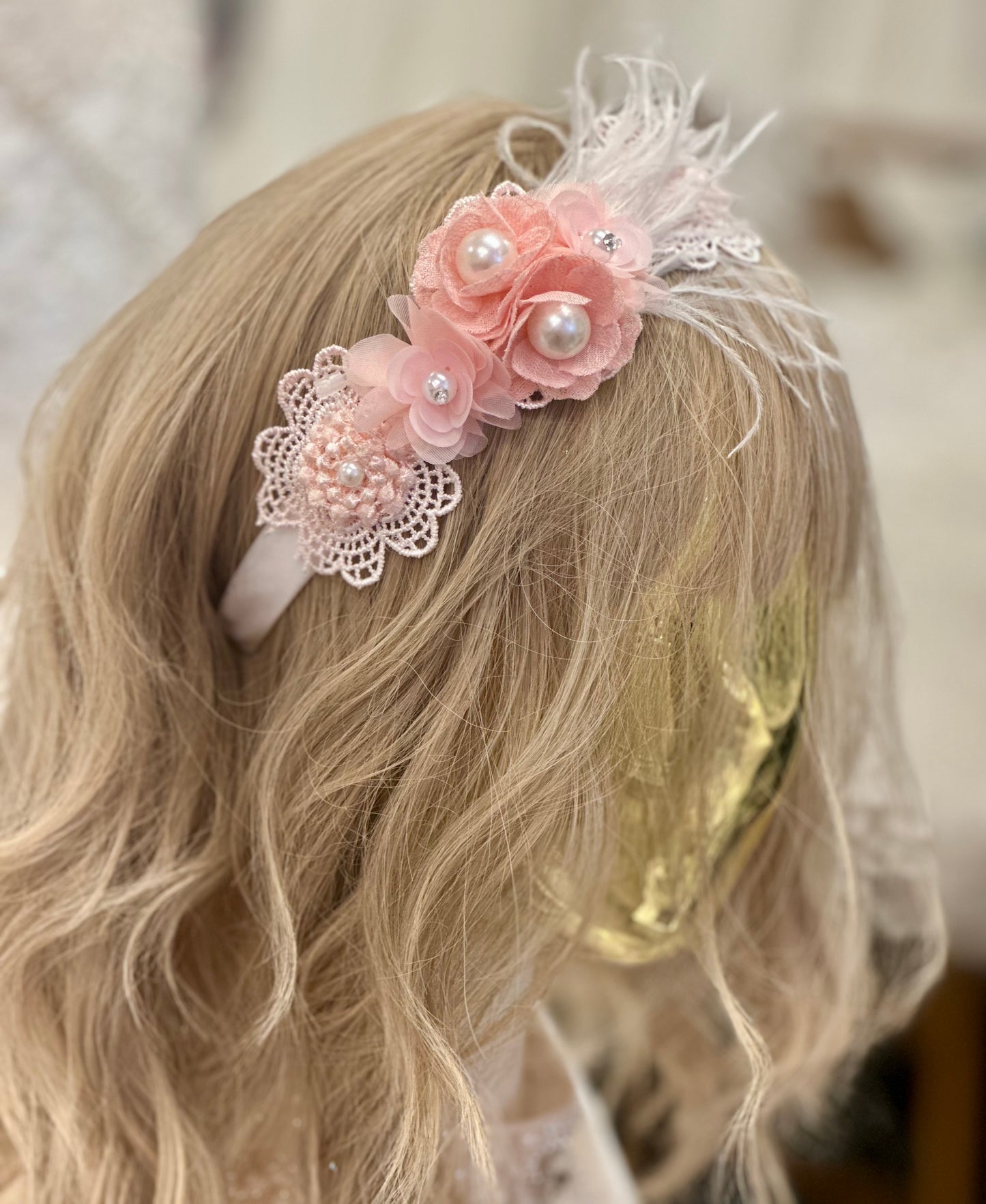 Satin Headband w/Flowers/Feathers
