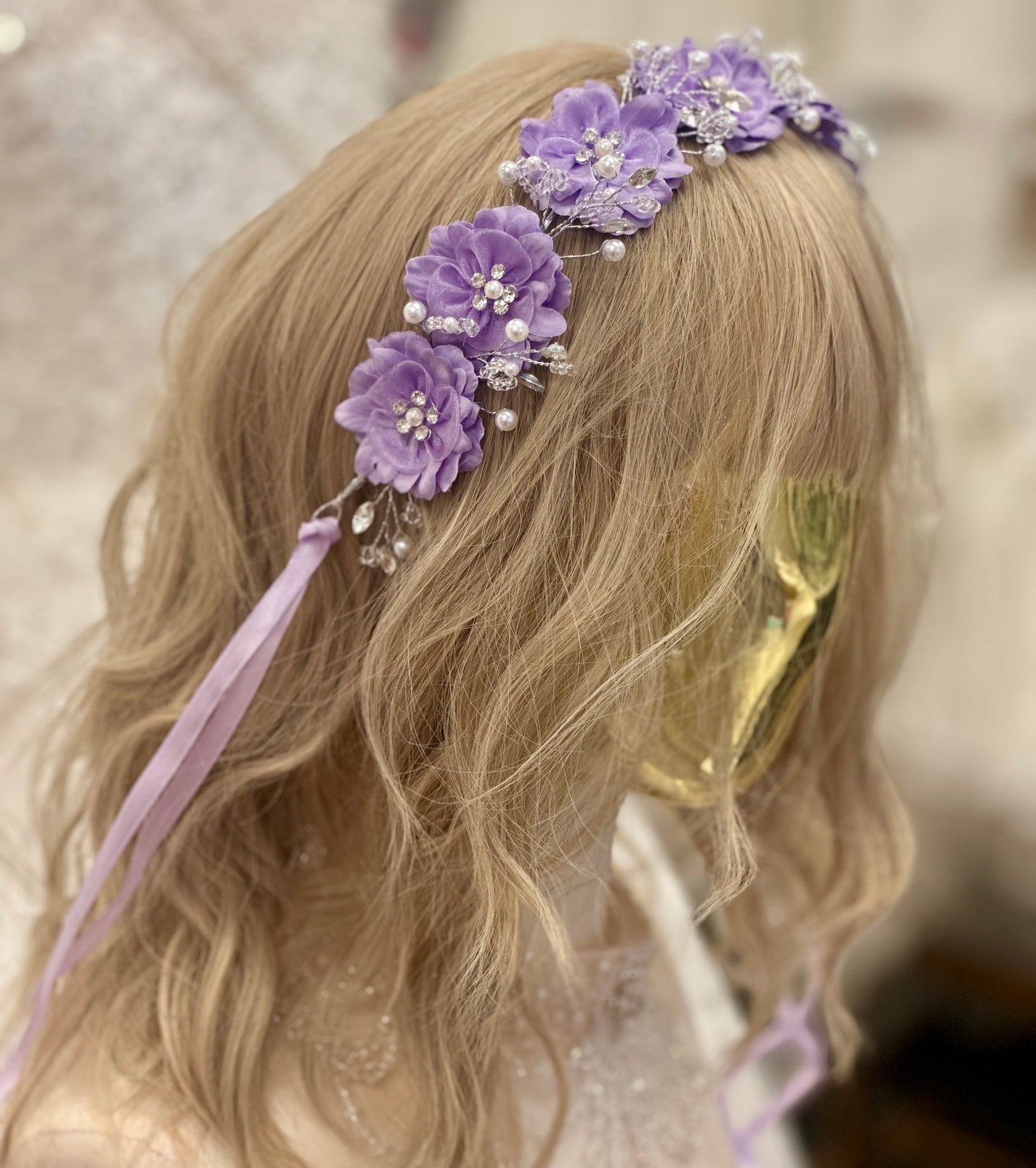 Silk Flower Headband with Rhinestones and Pearls