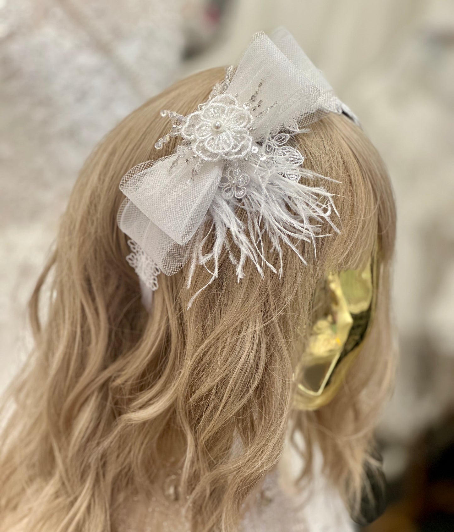 Satin Headband w/Sheer Bow/Beads/Applique
