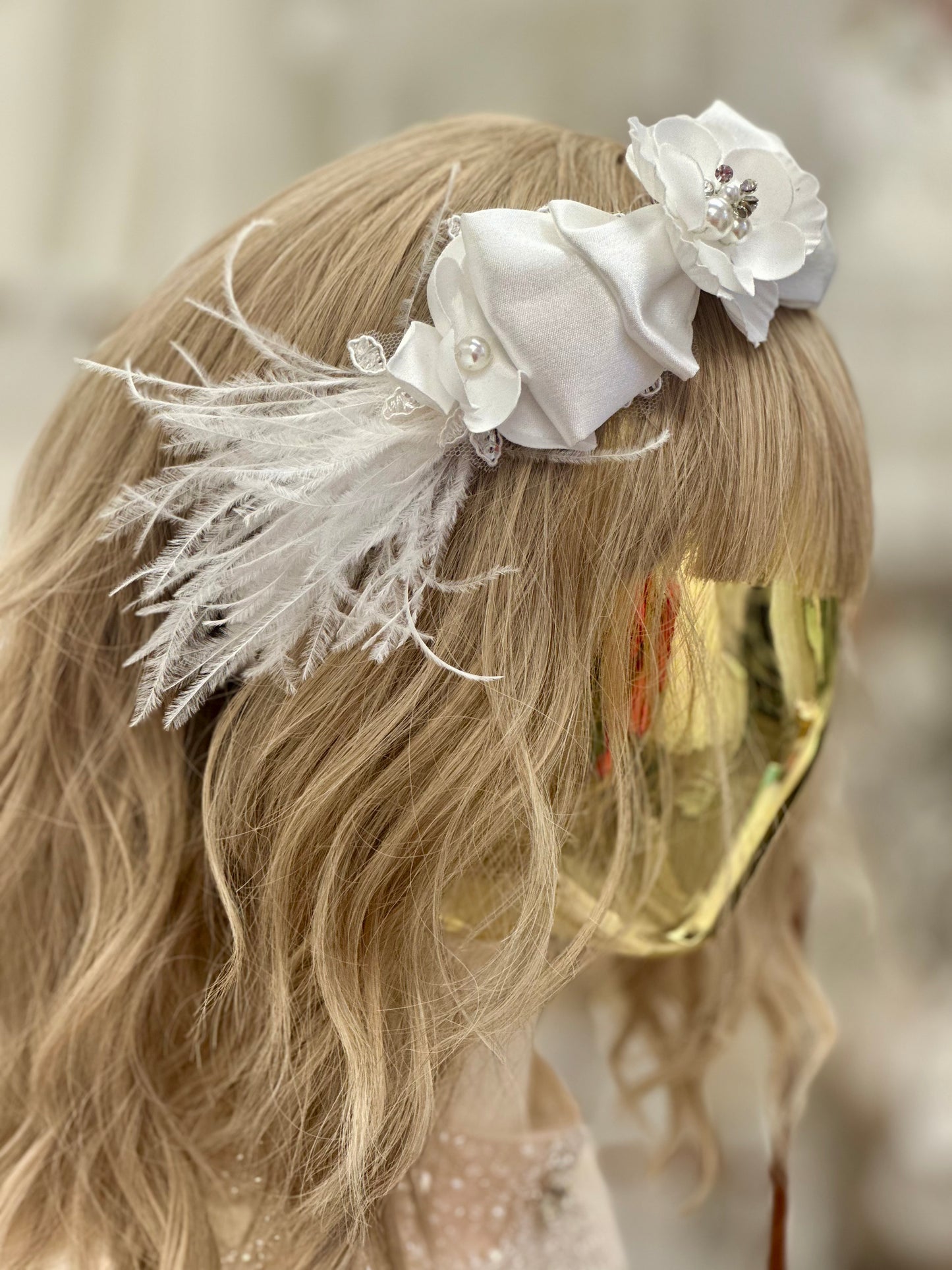 Satin Headband w/Bow/Feathers/Applique