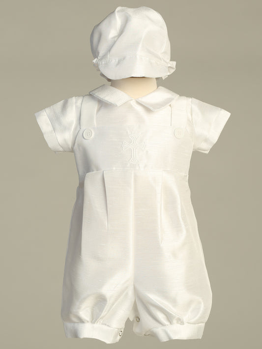 Shantung romper with embroidered cross and hat