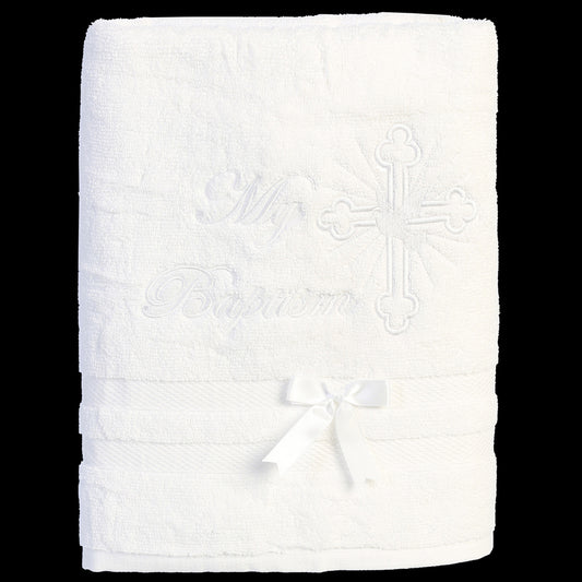 Christening towel with white embroidered cross & dove