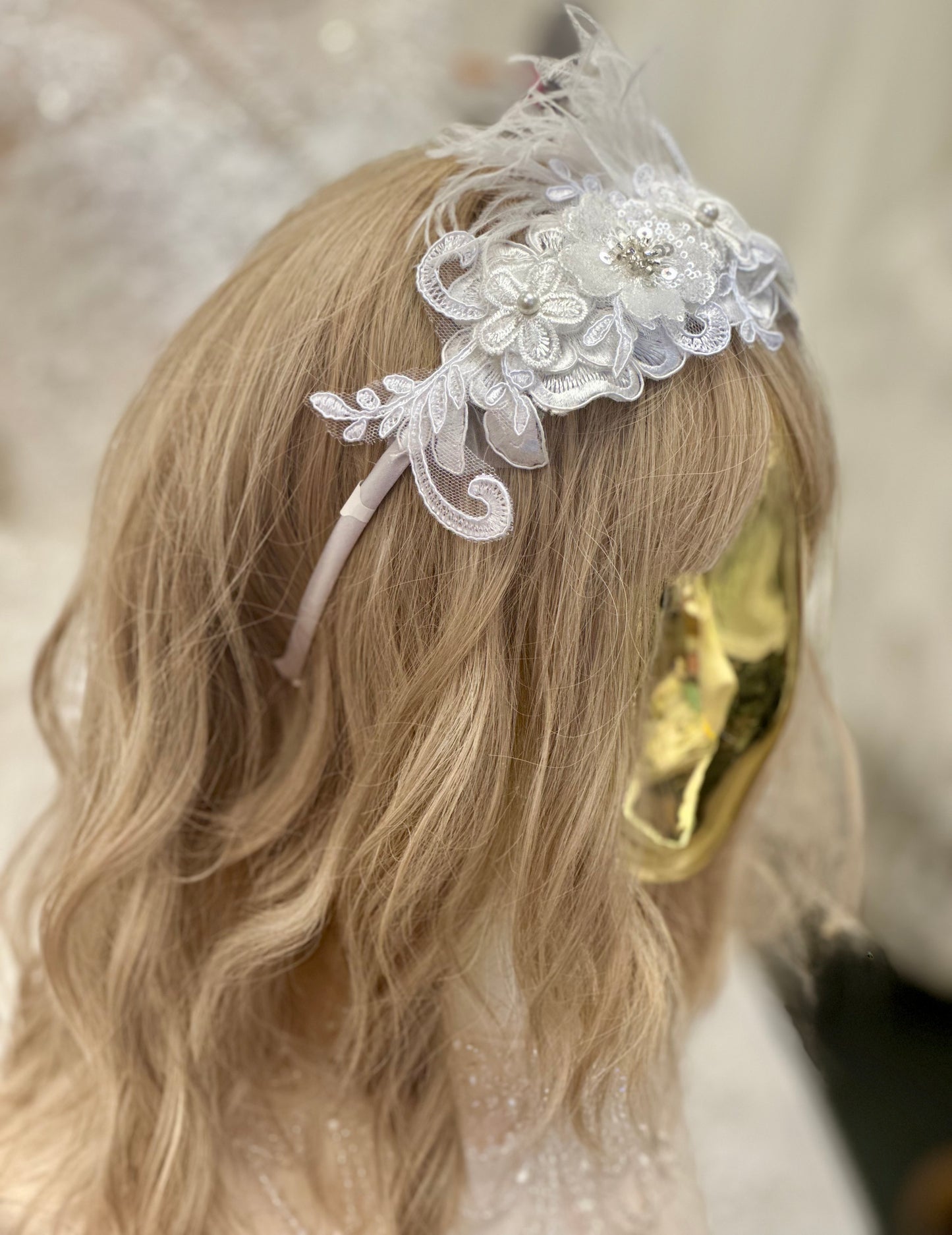 Satin Headband w/Feathers/Applique