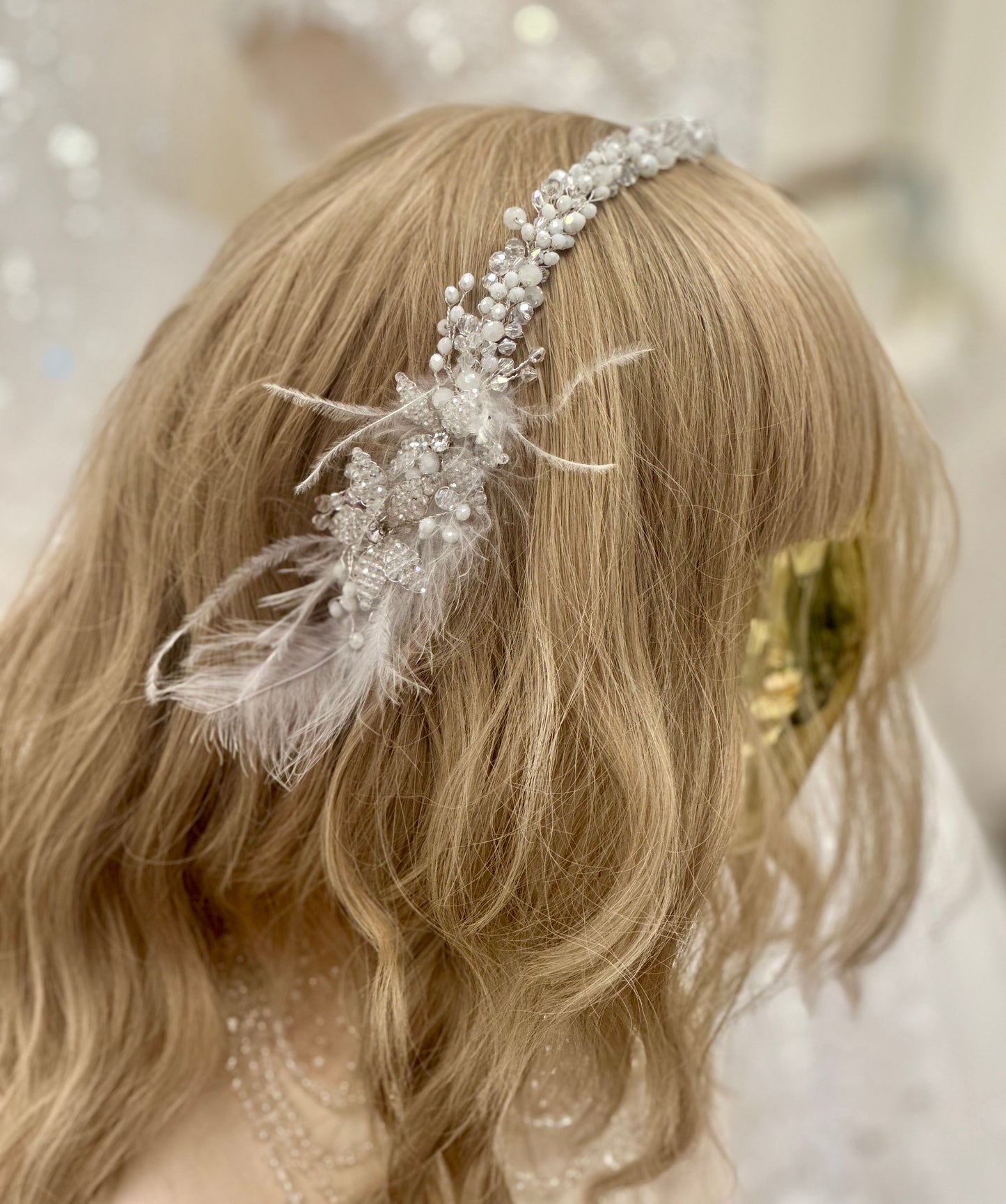 St Crystal Floral Headpiece w/Feathers