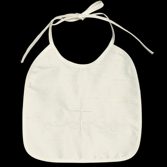 Raw silk bib with embroidered cross