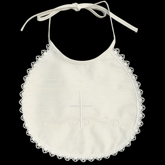 Raw silk bib with embroidered cross & lace trim