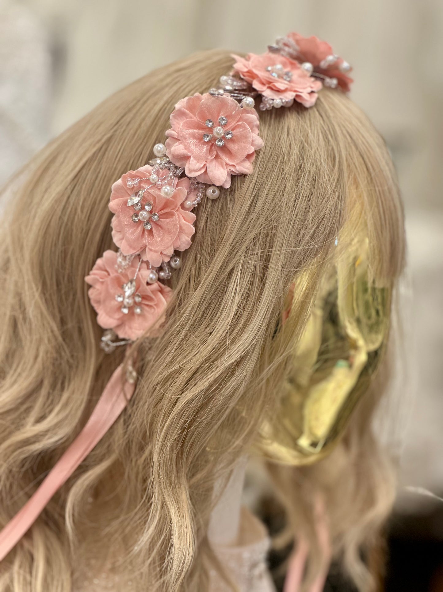 Silk Flower Headband with Rhinestones and Pearls