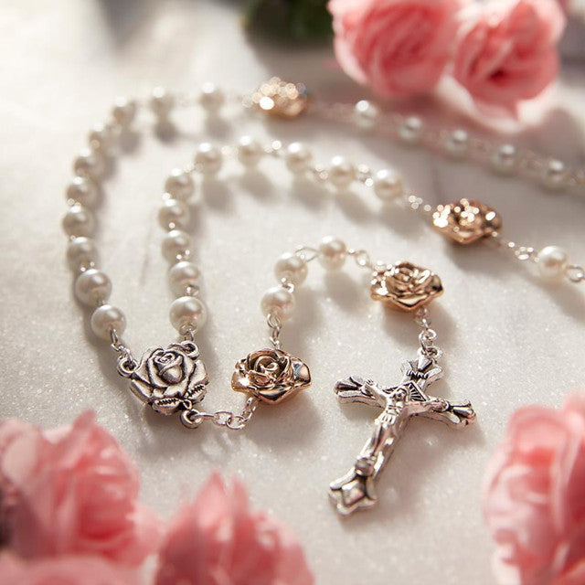 White Pearl Rosary w/Rose Gold Roses