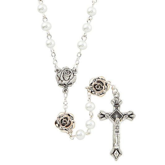 White Pearl Rosary w/Rose Gold Roses