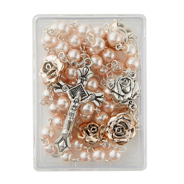 Pink Pearl Rosary w/Rose Gold Roses
