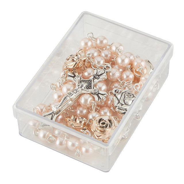 Pink Pearl Rosary 6mm w/Rose Gold Roses