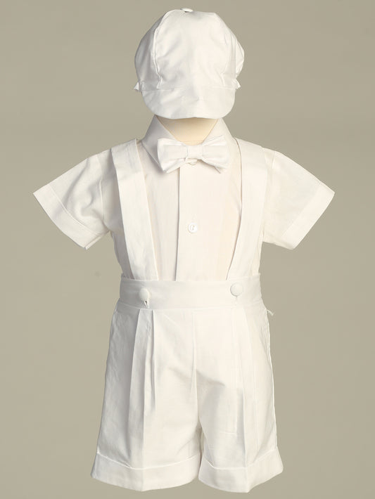 Poly cotton short sleeve shirt with cotton oxford suspender shorts