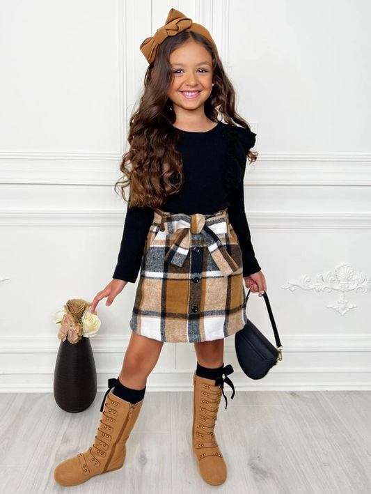 Girls Classic Ruffled Top & Plaid Skirt