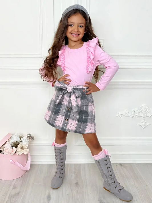 Girls Classic Ruffled Top & Plaid Skirt