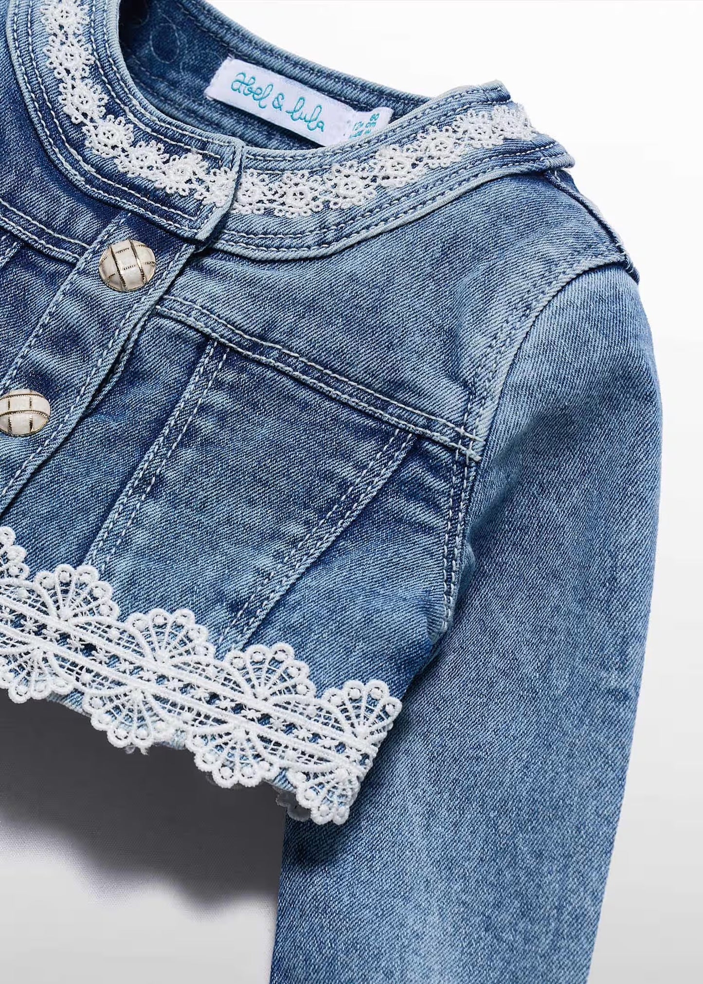 Abel & Lula Girl Guipure Denim Crop Jacket