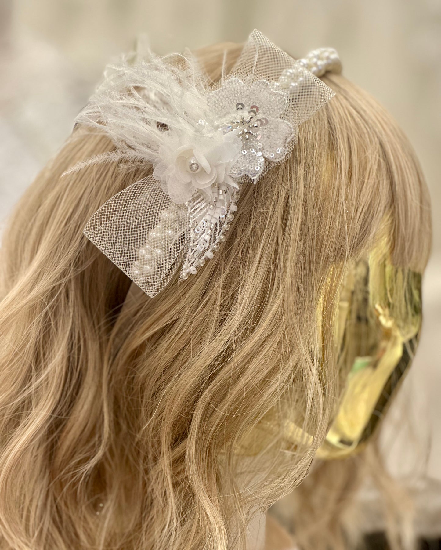 Pearl Headband w/Feathers/Flowers
