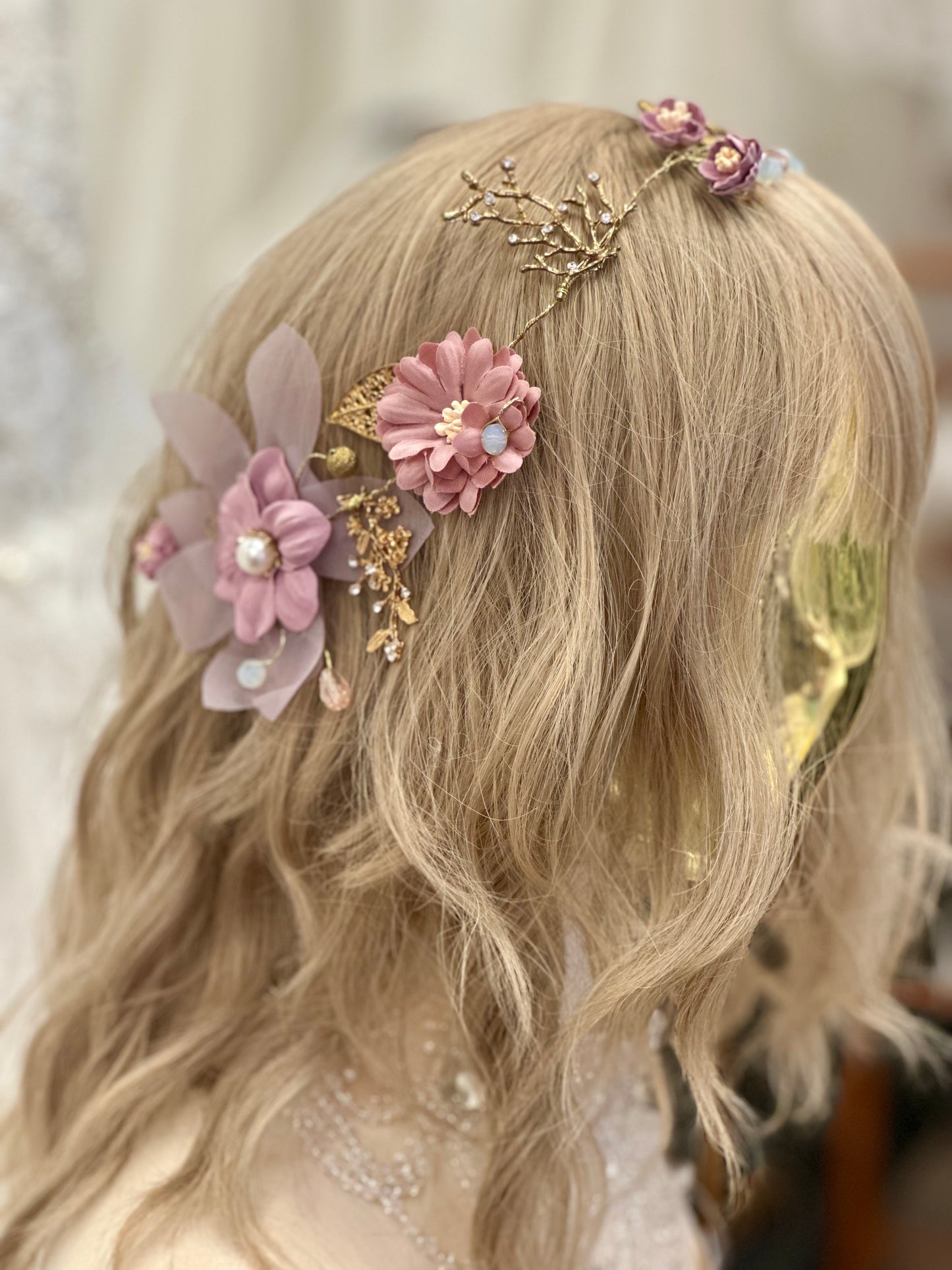 Vintage Pink Flowers/Gold Leaves Headpiece