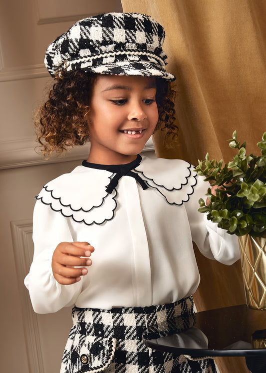 Abel & Lula Girl Chiffon Blouse with Embroidered Collar, Hound Tooth Shorts
