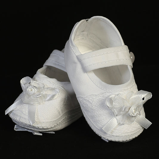 Girl's Mary Jane christening bootie with bow & flower accent