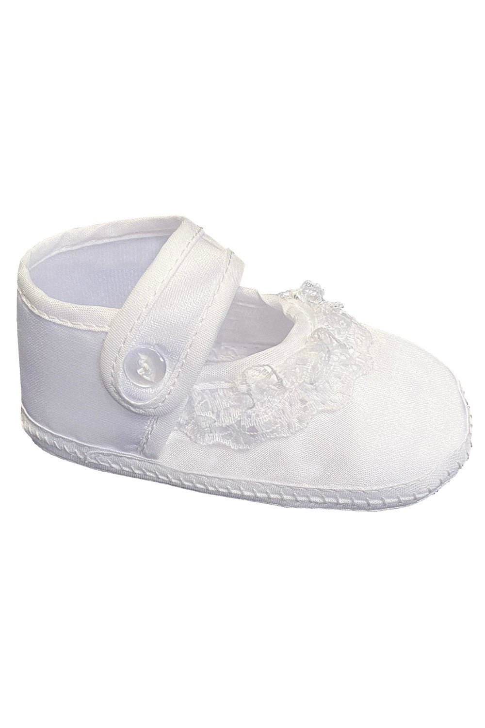 Girl's christening bootie with lace trim & embroidered cross